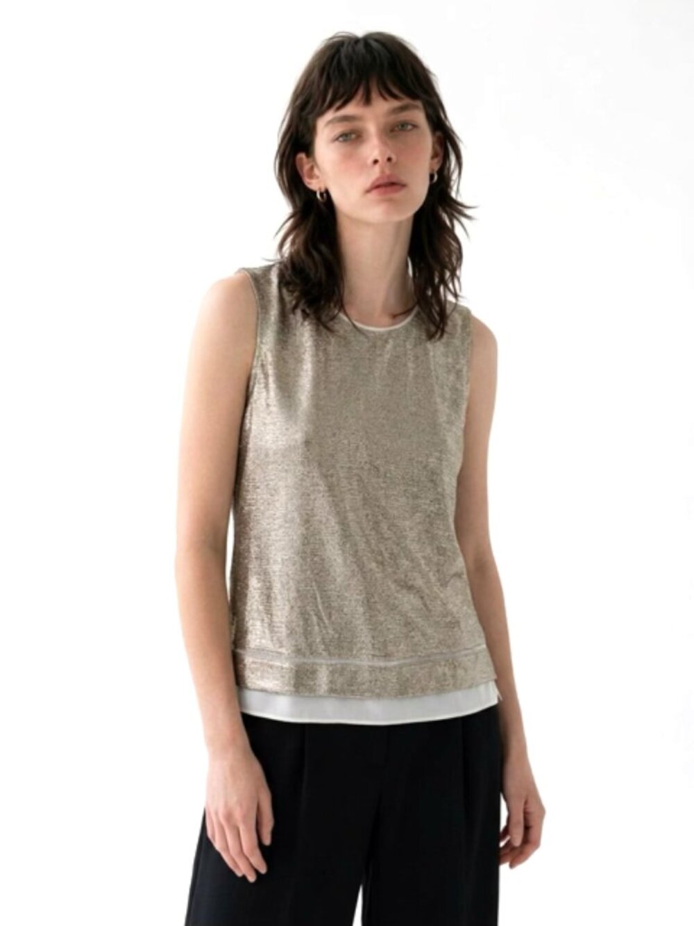 Calvin Klein Gold Silver Metallic Shimmer Layered Chiffon Trim Blouse L
